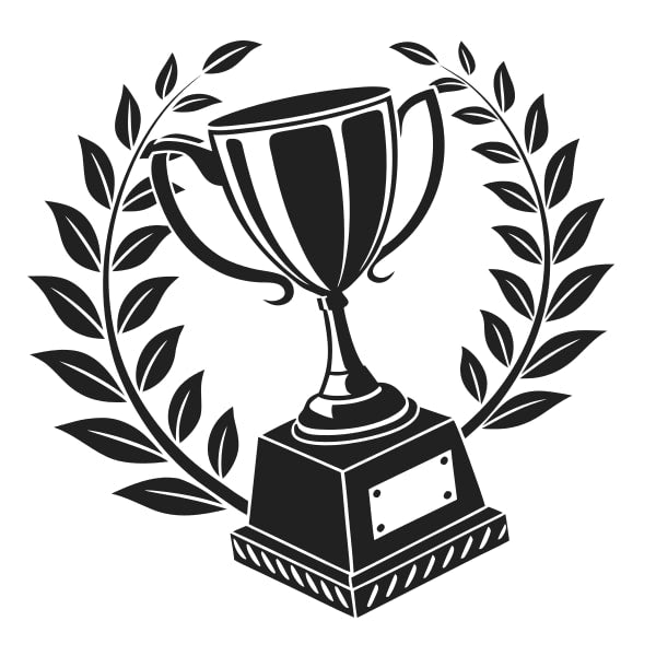 Black And White Illustration Of A Trophy With A Laurel Wreath A Cup On Top And A Ribbon Around The Base — Stock Vector