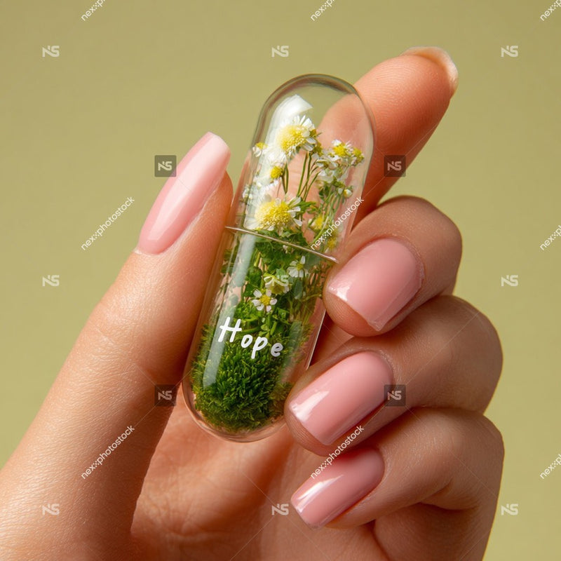A Hand Holding A Small Glass Bottle With A Flower Inside Against A Light Background — Stock Photo