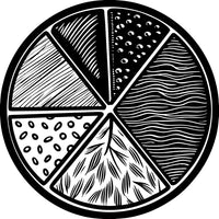 Black And White Illustration Of A Pie Chart With Slices Representing Different Types Of Food — Stock Vector