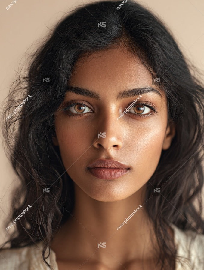 A Woman With Dark Hair And Brown Eyes Is Captured In A Close Up Portrait Against A Neutral Background — Stock Photo