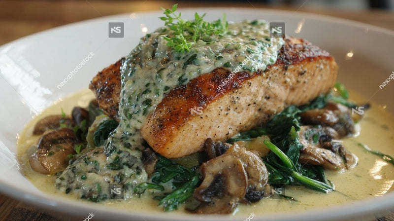 A Plate Of Seafood Dish Served With A Creamy Sauce And Mushrooms Garnished With Herbs — Stock Photo