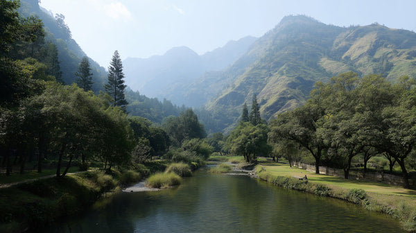 Depicts A Serene Landscape Scene A River Flowing Through A Lush Green Valley With Mountains In The Background — Stock Photo