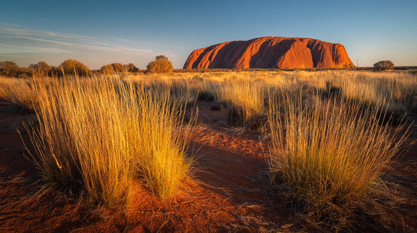 Awe Inspiring Sunset View Of Uluru Australia S Iconic Landmark With A Clear Sky And A Field Of Tall Grasses — Stock Photo