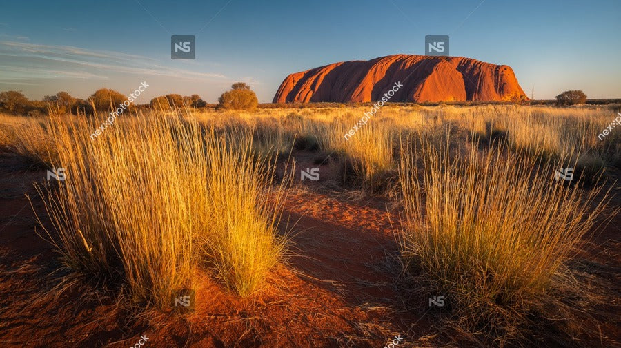 Awe Inspiring Sunset View Of Uluru Australia S Iconic Landmark With A Clear Sky And A Field Of Tall Grasses — Stock Photo