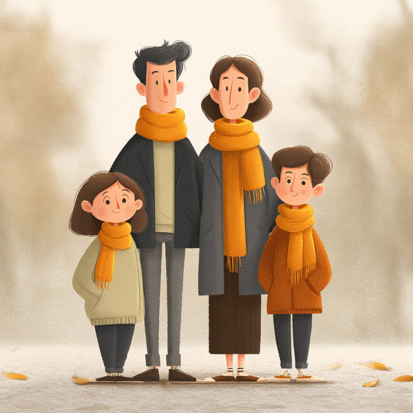 A Family Of Four Poses For A Portrait In Autumn With The Father And Son Wearing Scarves And The Mother And Daughter — Stock Illustration