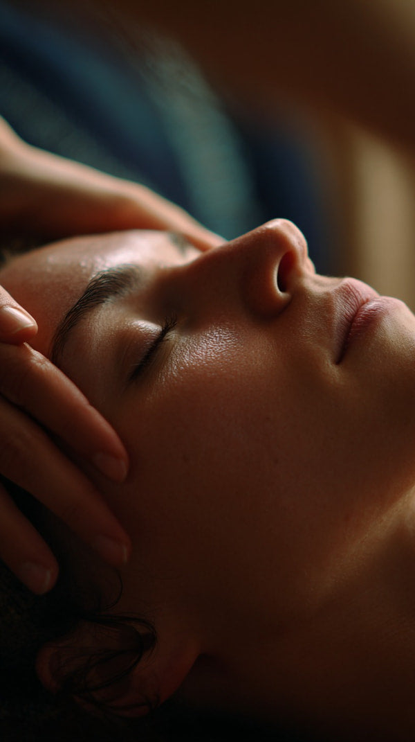 A Close Up Photograph A Person S Face With Their Eyes Closed And Hands Resting On Their Temples — Stock Photo