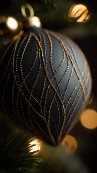 A Black Christmas Ornament With A Gold Spider Web Design Hanging From A Tree Adorned With Lights And Pine Needles — Stock Photo