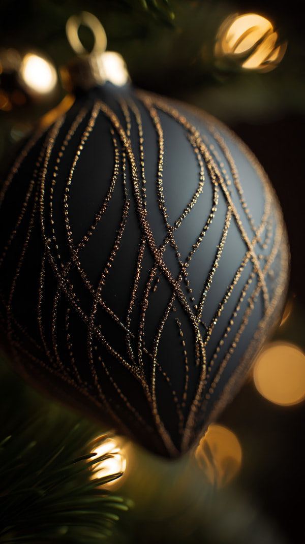 A Black Christmas Ornament With A Gold Spider Web Design Hanging From A Tree Adorned With Lights And Pine Needles — Stock Photo