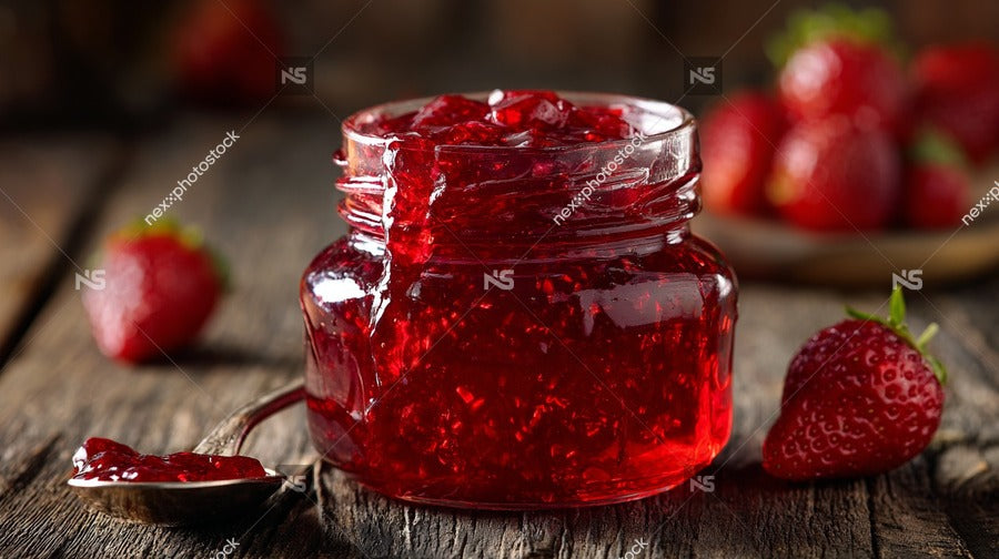 A Jar Of Red Raspberry Jam With A Spoon Resting Inside Placed On A Wooden Surface Surrounded By Fresh Strawberries — Stock Photo