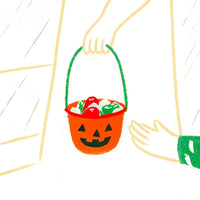 A Cartoon Depicts A Person Holding A Basket Filled With Candy For Halloween With A Hand Reaching Out To Grab It — Stock Illustration