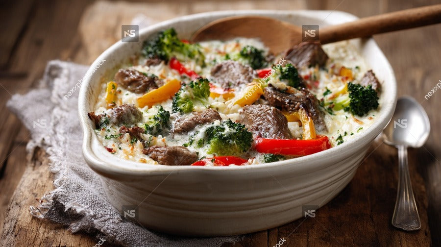 A Casserole Dish Filled With Beef Stew Topped With Breadcrumbs And Garnished With Parsley — Stock Photo