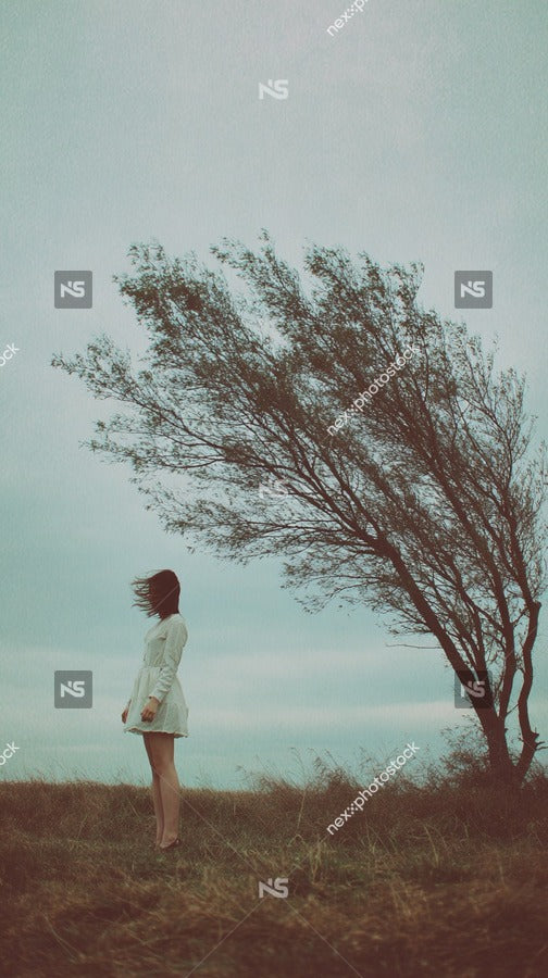 A Person Stands In A Field Gazing Into The Distance Under A Large Tree With A Stormy Sky Overhead — Stock Photo