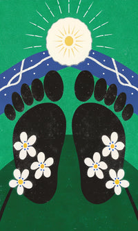 Displays A Graphic Design Footprints In Sand With A Sun And Flowers Above Them Set Against A Green Background — Stock Illustration