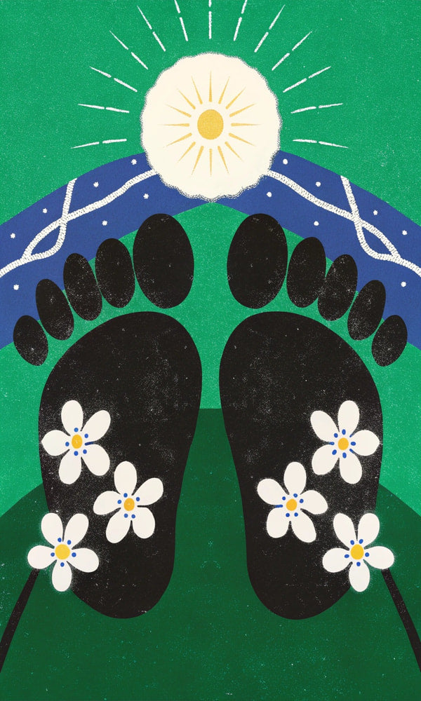 Displays A Graphic Design Footprints In Sand With A Sun And Flowers Above Them Set Against A Green Background — Stock Illustration