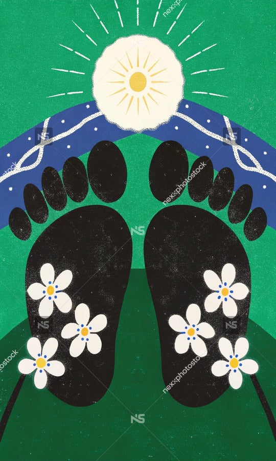 Displays A Graphic Design Footprints In Sand With A Sun And Flowers Above Them Set Against A Green Background — Stock Illustration
