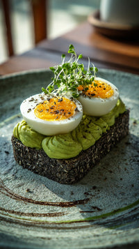A Plate Of Avocado Toast Topped With Fried Eggs Garnished With Herbs And Spices Served On A Wooden Table — Stock Photo