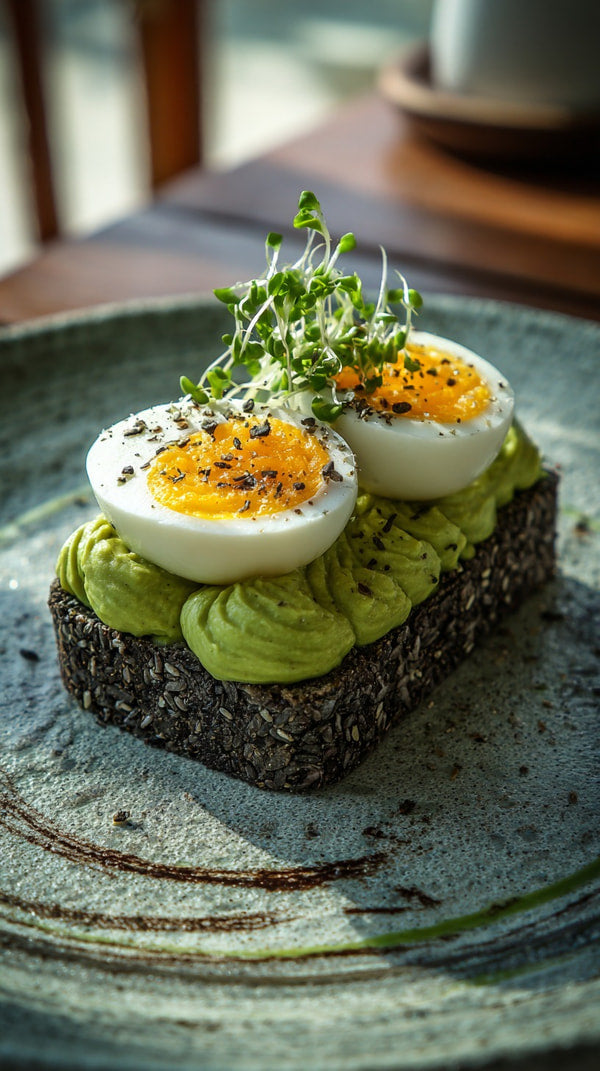 A Plate Of Avocado Toast Topped With Fried Eggs Garnished With Herbs And Spices Served On A Wooden Table — Stock Photo