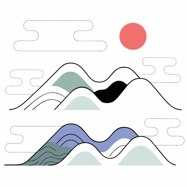 Abstract Landscape Art A Sunset Over Rolling Hills With Mountains In The Background And A Minimalist Design Style — Stock Vector