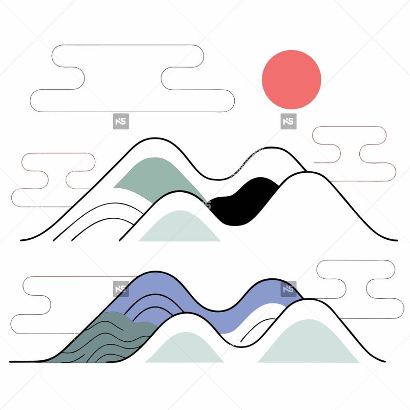 Abstract Landscape Art A Sunset Over Rolling Hills With Mountains In The Background And A Minimalist Design Style — Stock Vector