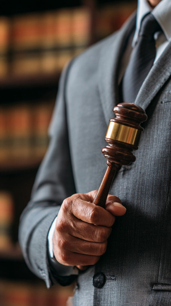 A Lawyer Dressed In A Suit And Tie Holds A Wooden Gavel In A Courtroom Setting — Stock Photo
