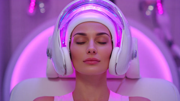 High Tech Hair Salon With A Woman Getting Her Hair Done Using Advanced Technology Including A Purple Machine And A Headset With Lights — Stock Photo