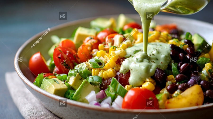 A Colorful Salad In A Bowl Topped With Dressing And Garnished With Fresh Vegetables — Stock Photo