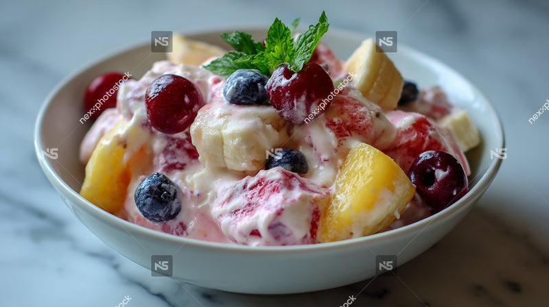 A Bowl Of Fruit Salad With Berries And Bananas Topped With A Dollop Of Whipped Cream Garnished With Mint Leaves — Stock Photo