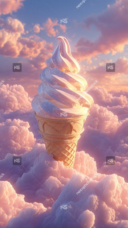 A Whimsical Ice Cream Cone With A Swirl Of Soft Serve Ice Cream Placed Against A Backdrop Of Fluffy Pink Clouds — Stock Photo