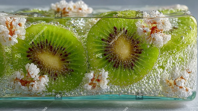 A Glass Tray Filled With Sliced Kiwi Fruit Garnished With White Flowers And Sprinkled With Red Sauce Placed On A Table — Stock Photo