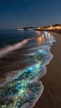 Showcases A Nighttime Scene Of A Beach With Glowing Sea Foam Creating An Enchanting And Vibrant Display Against The Dark Sky — Stock Photo