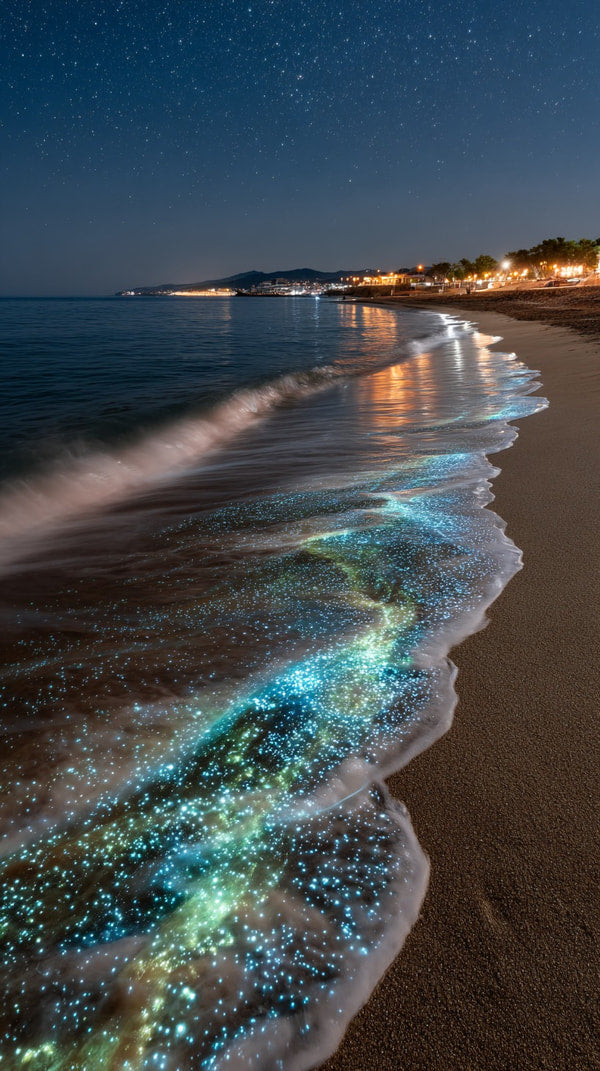 Showcases A Nighttime Scene Of A Beach With Glowing Sea Foam Creating An Enchanting And Vibrant Display Against The Dark Sky — Stock Photo
