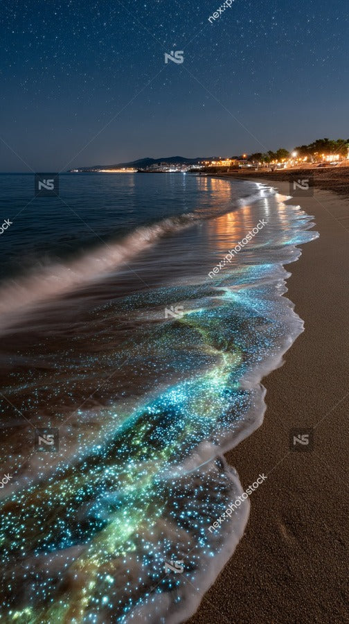 Showcases A Nighttime Scene Of A Beach With Glowing Sea Foam Creating An Enchanting And Vibrant Display Against The Dark Sky — Stock Photo