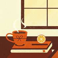 A Cozy Scene Of A Cup Of Coffee And An Orange On A Table Next To A Window — Stock Illustration
