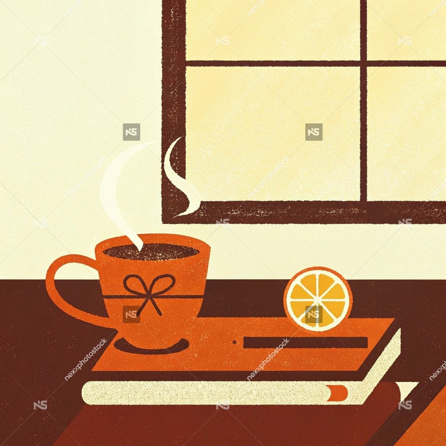 A Cozy Scene Of A Cup Of Coffee And An Orange On A Table Next To A Window — Stock Illustration