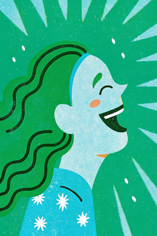 Illustrated Portrait Of A Person With Green Hair And Blue Shirt Surrounded By Radiant Lines Expressing Happiness — Stock Illustration
