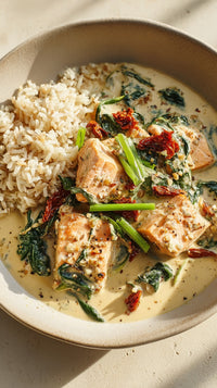 A Plate Of Spicy Thai Chicken And Rice Garnished With Herbs And Chili Flakes Served On A Wooden Table — Stock Photo