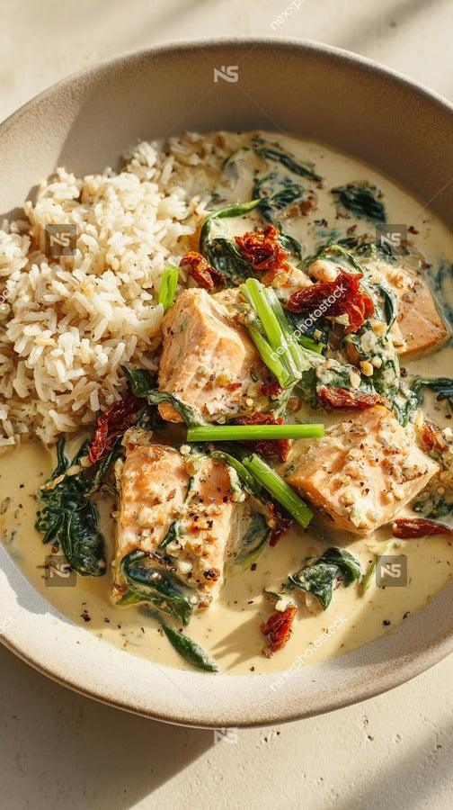 A Plate Of Spicy Thai Chicken And Rice Garnished With Herbs And Chili Flakes Served On A Wooden Table — Stock Photo