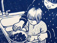 A Child Helping An Adult With Cooking In A Kitchen Illustrated In Black And White — Stock Illustration