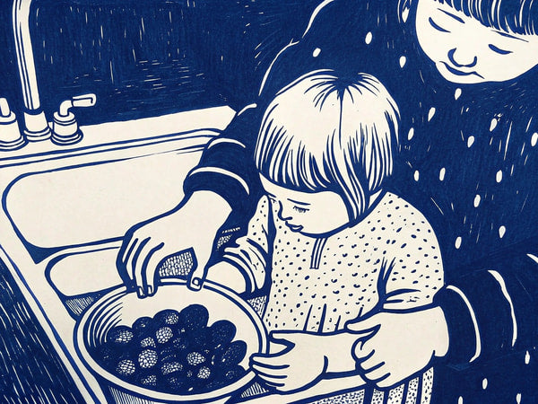 A Child Helping An Adult With Cooking In A Kitchen Illustrated In Black And White — Stock Illustration