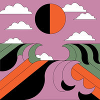 Depicts A Vibrant Sunset With Abstract Shapes And Colors Set Against A Purple Background — Stock Vector