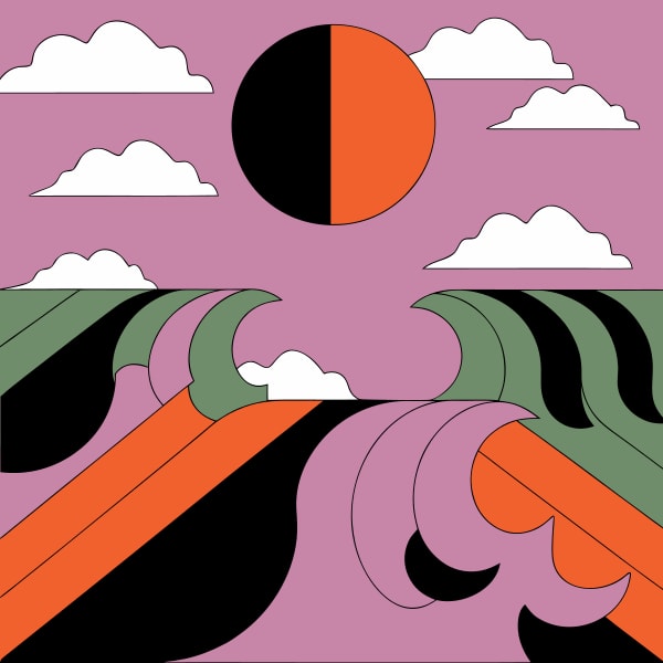 Depicts A Vibrant Sunset With Abstract Shapes And Colors Set Against A Purple Background — Stock Vector