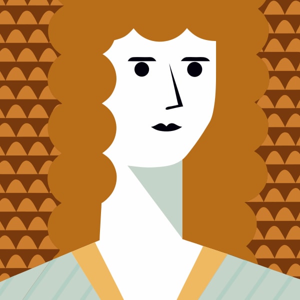 A Woman With Brown Hair And A Neutral Expression Wearing A Light Colored Top Set Against A Patterned Background — Stock Vector