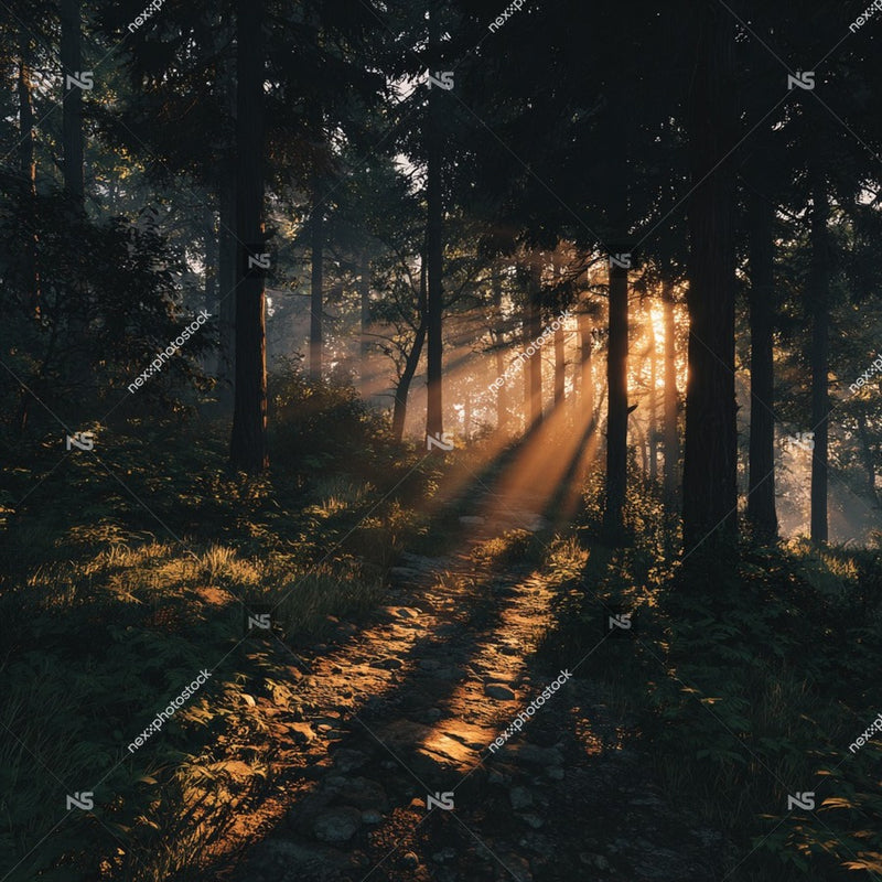 A Serene Forest Path Bathed In Sunlight Surrounded By Tall Trees And A Carpet Of Fallen Leaves — Stock Photo