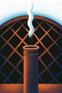 A Vintage Style Illustration Of A Brick Chimney Emitting Smoke Into A Dark Room With A Window And A Pipe — Stock Illustration