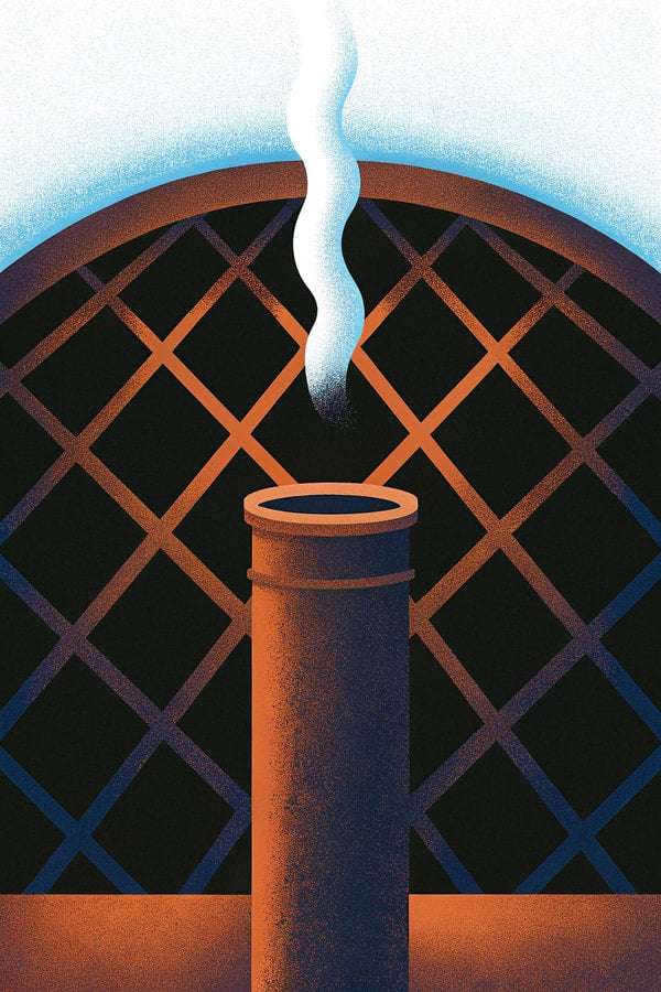 A Vintage Style Illustration Of A Brick Chimney Emitting Smoke Into A Dark Room With A Window And A Pipe — Stock Illustration