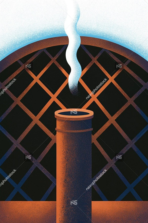 A Vintage Style Illustration Of A Brick Chimney Emitting Smoke Into A Dark Room With A Window And A Pipe — Stock Illustration
