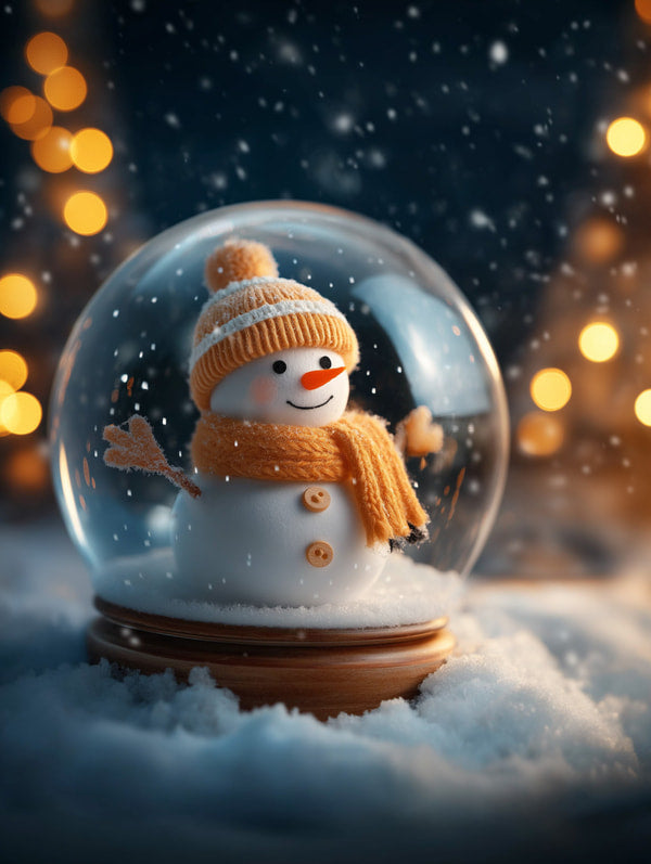 A Snowman Wearing An Orange Beanie And Scarf Standing Inside A Clear Globe On A Snowy Surface With Lights In The Background — Stock Photo