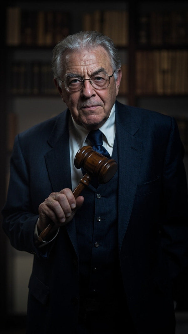 A Portrait Of An Older Man Holding A Gavel Standing In Front Of A Bookshelf Filled With Books — Stock Photo