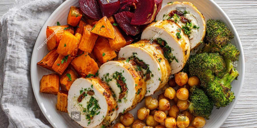 A Plate Of Roasted Chicken And Vegetables Including Carrots And Broccoli Served On A Dining Table — Stock Photo