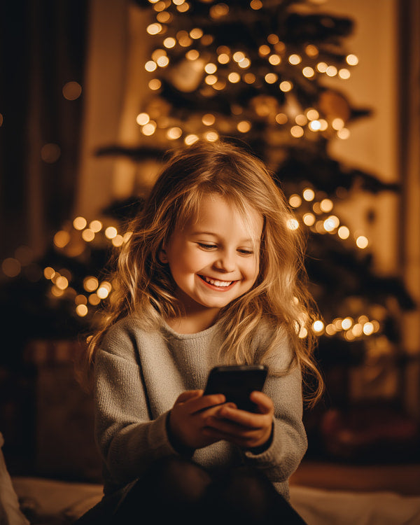 A Young Girl Smiling At A Cell Phone While Sitting Near A Christmas Tree With Lights In The Background — Stock Photo